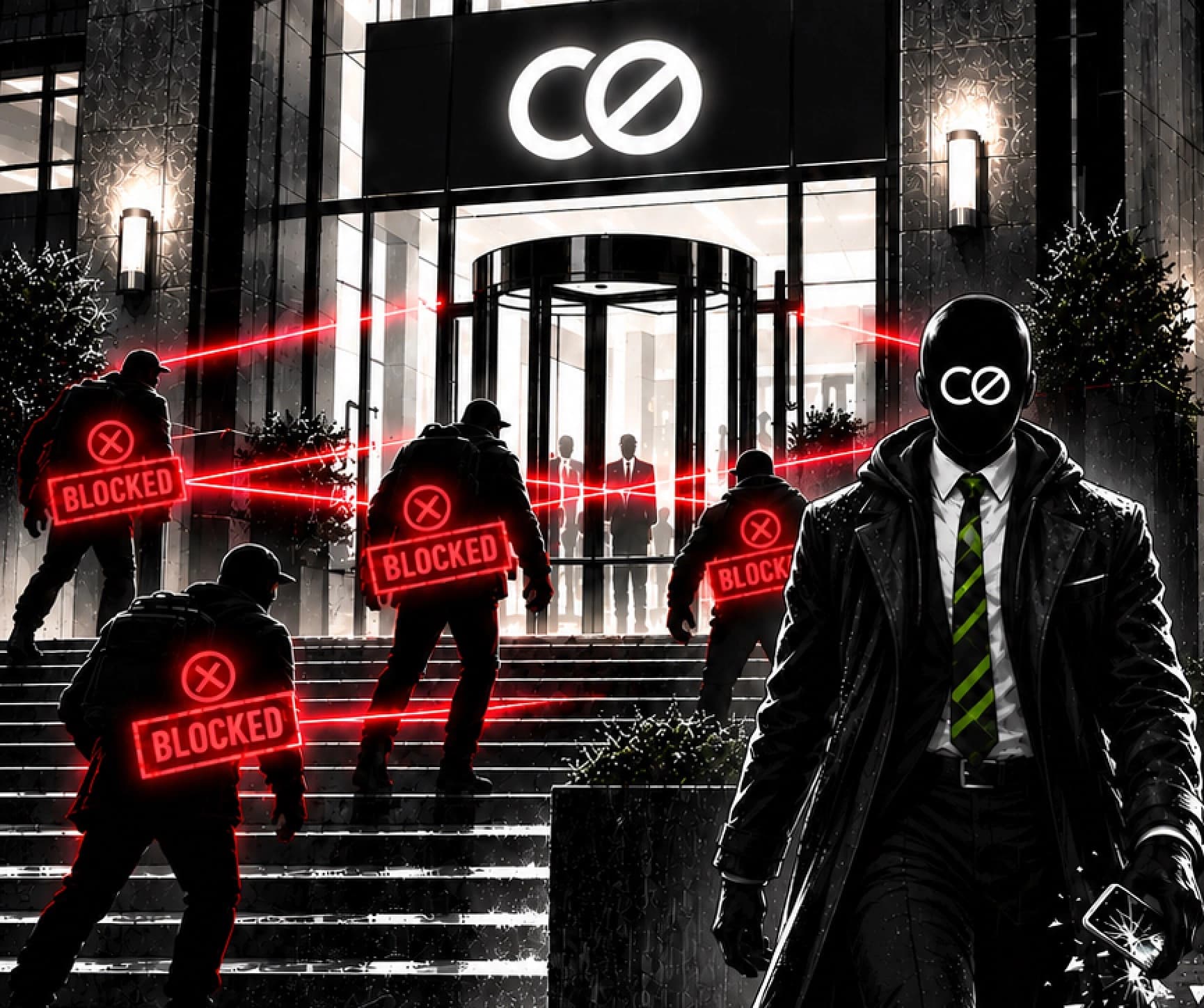llustration of Agent Zero walking away from a Command Zero building as four hooded intruders on the steps are stopped by red laser barriers labeled Blocked