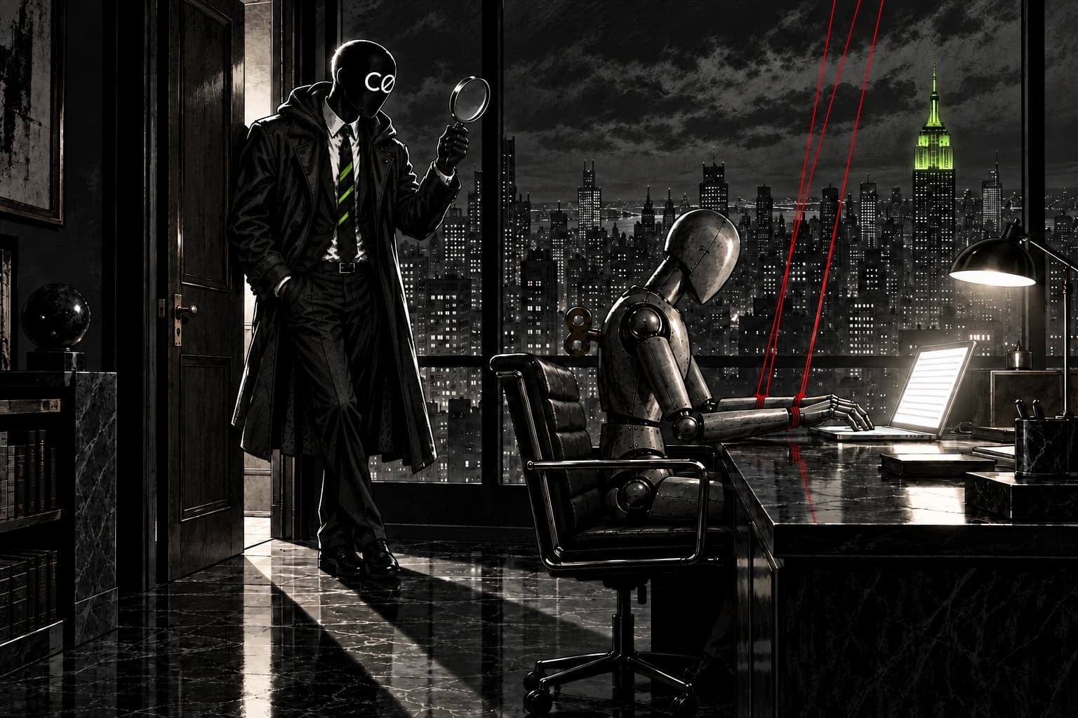 Noir illustration of the Agent Zero detective eyeing a wind-up robot at a laptop, its hands pulled by red puppet strings