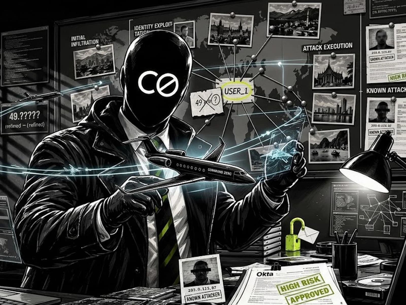 Noir illustration of Agent Zero at a case board linking USER_1 to login locations worldwide, with an Okta report stamped High Risk, Approved.