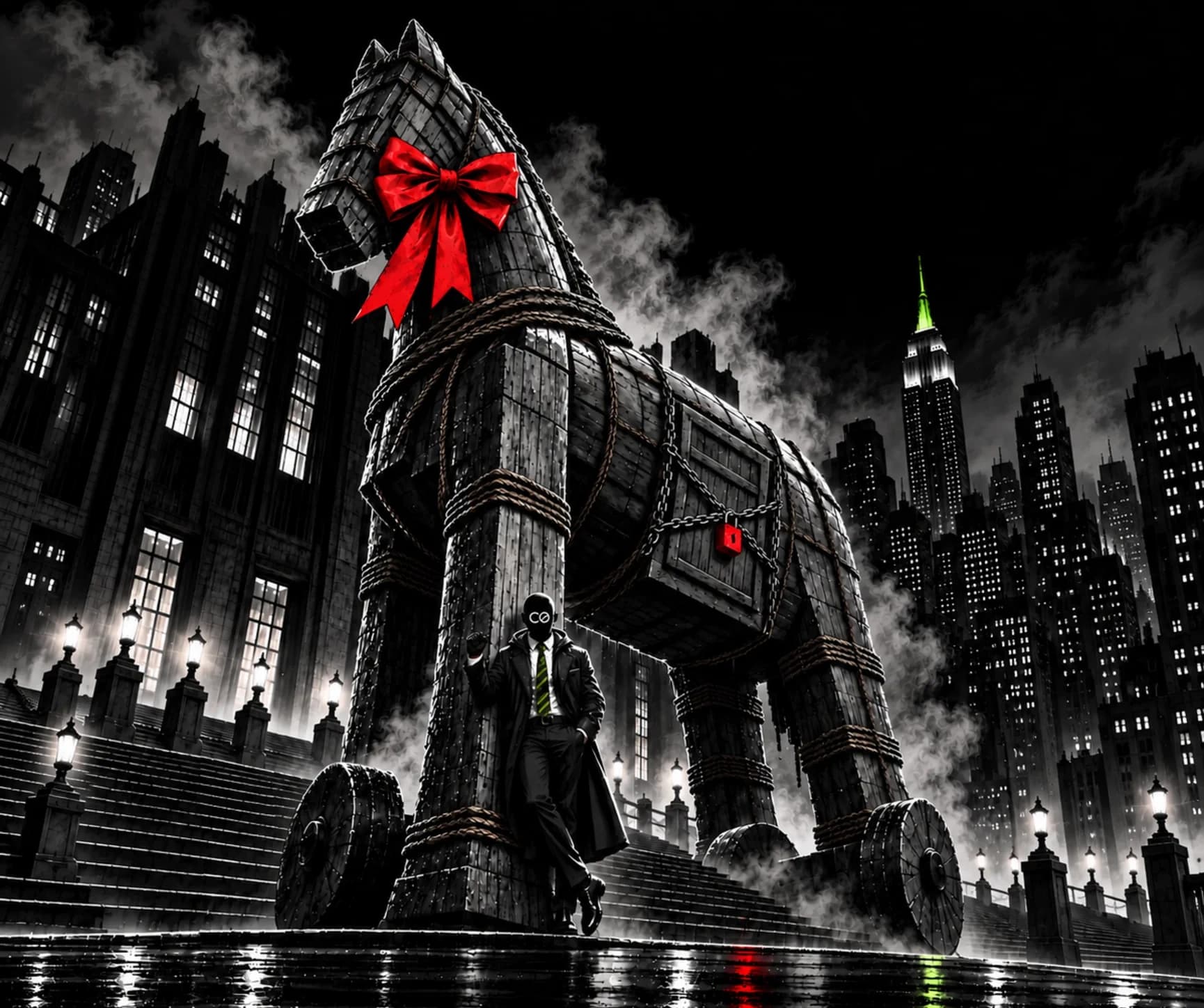 Noir illustration of Agent Zero leaning against a giant wooden Trojan horse bound in rope and chains with a red padlock and a red gift bow, on city steps at night