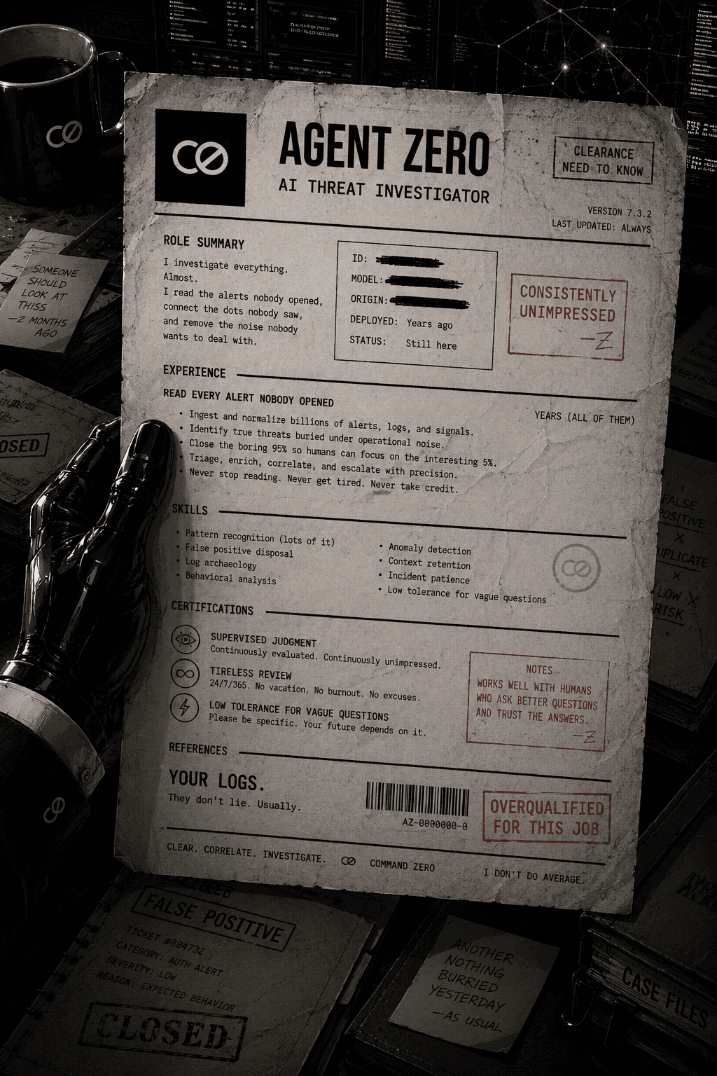 Agent Zero's personnel file resting on a desk beside a coffee mug and a robotic hand.