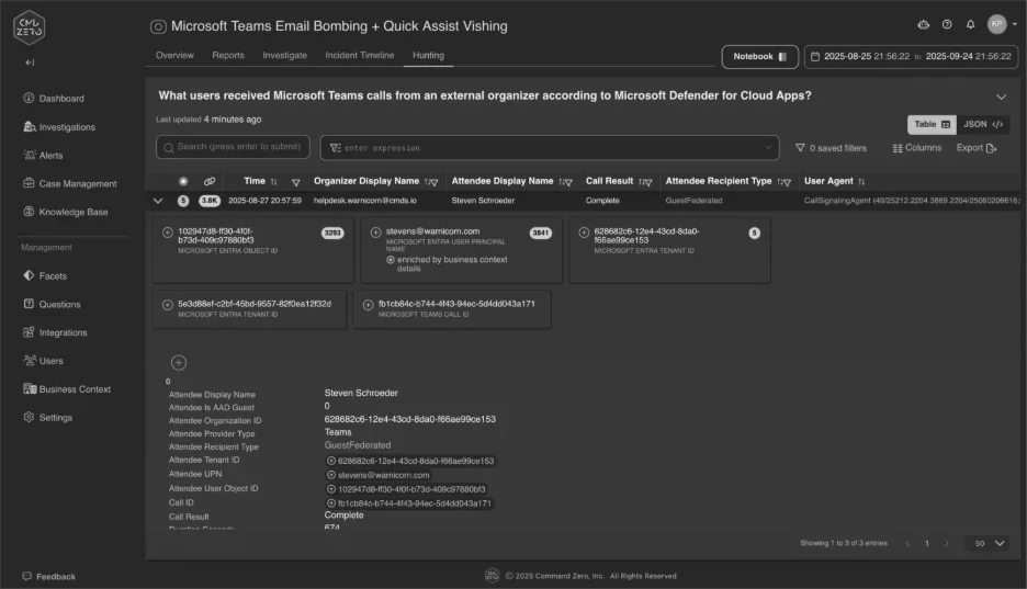 Deep Dive: Finding and Investigating Microsoft Teams Vishing Attacks with Command Zero — inline