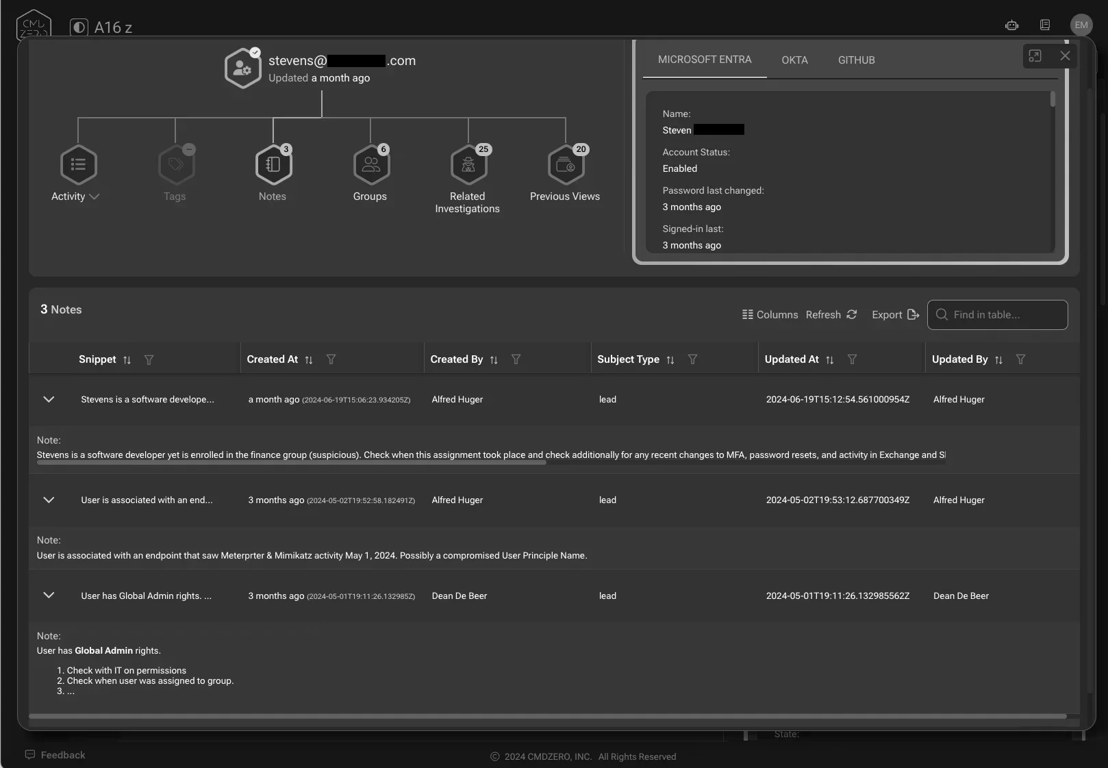 Investigate Microsoft EntraID identities in minutes — inline