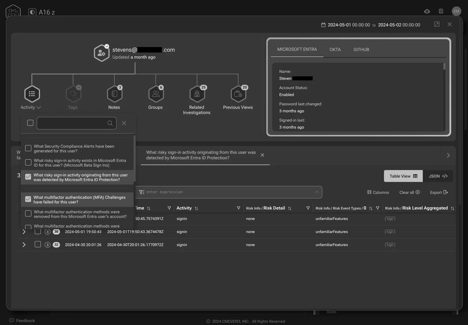 Investigate Microsoft EntraID identities in minutes — inline